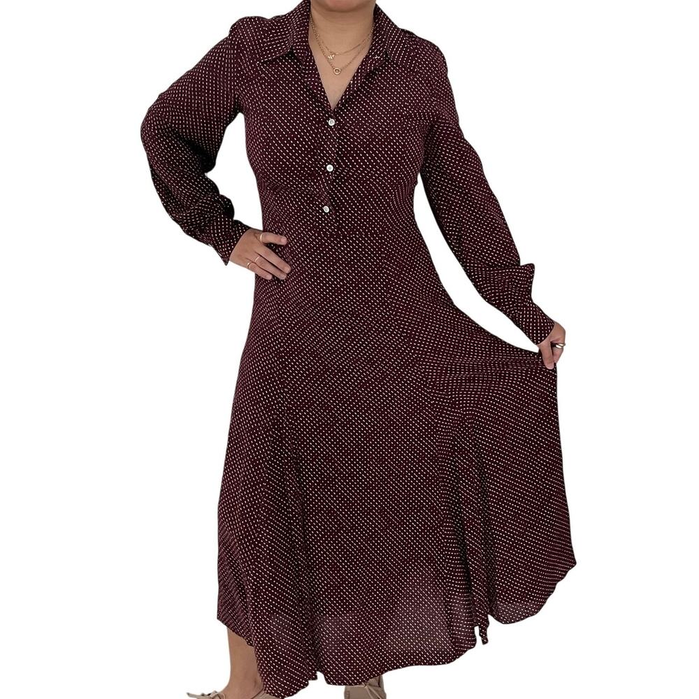 ARKET 100% Silk Maxi Shirt Dress Burgundy Polka Dot Balloon Sleeve US S NWOT